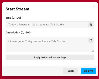 talk studio start stream screen